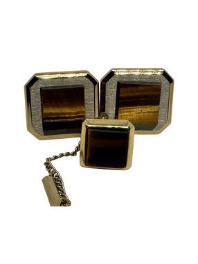Vintage Swank Tiger Eye Cufflinks & Tie Tack Set Gold Tone Two Tone Men’s